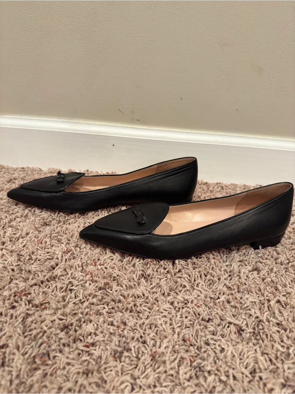 J.Crew Black Leather Bow‎ Pointed Toe Flats Loafers Size 9 NWOB